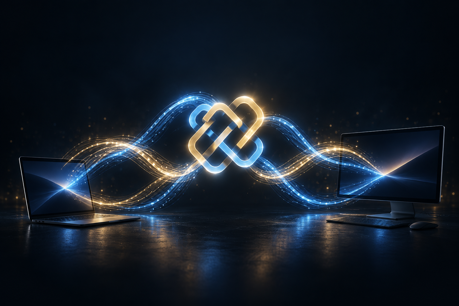 Loom’s intertwined blue and gold mark connects a laptop and desktop with threads of light.
